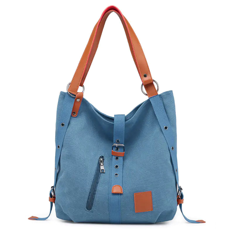 Women's Canvas Shoulder Tote Bag with Buckle and Zipper Detail - Image 3