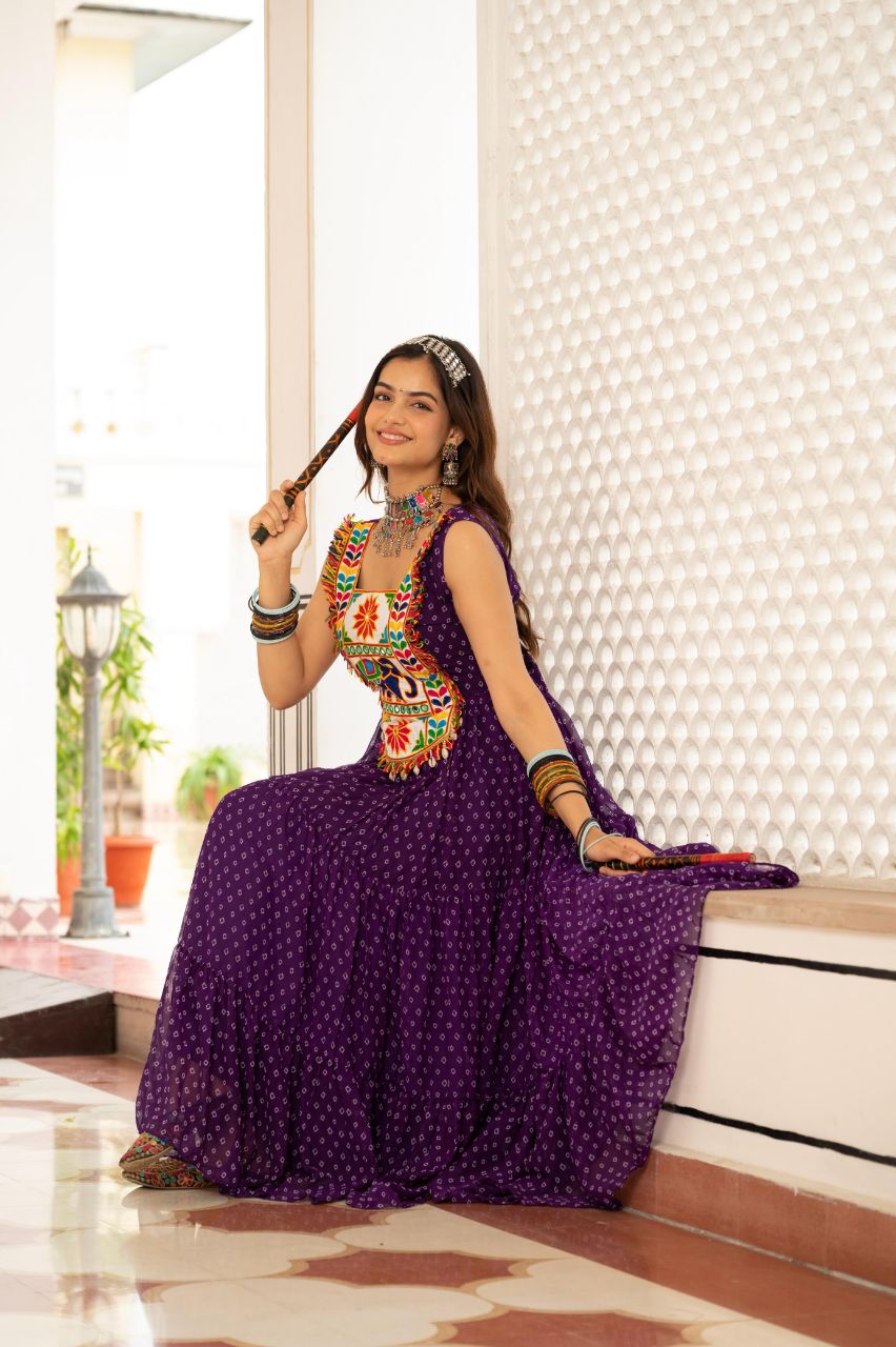 Prazu Fashion Purple Georgette Bandhani Print Work With Kutchi Patch work Navaratri Gown