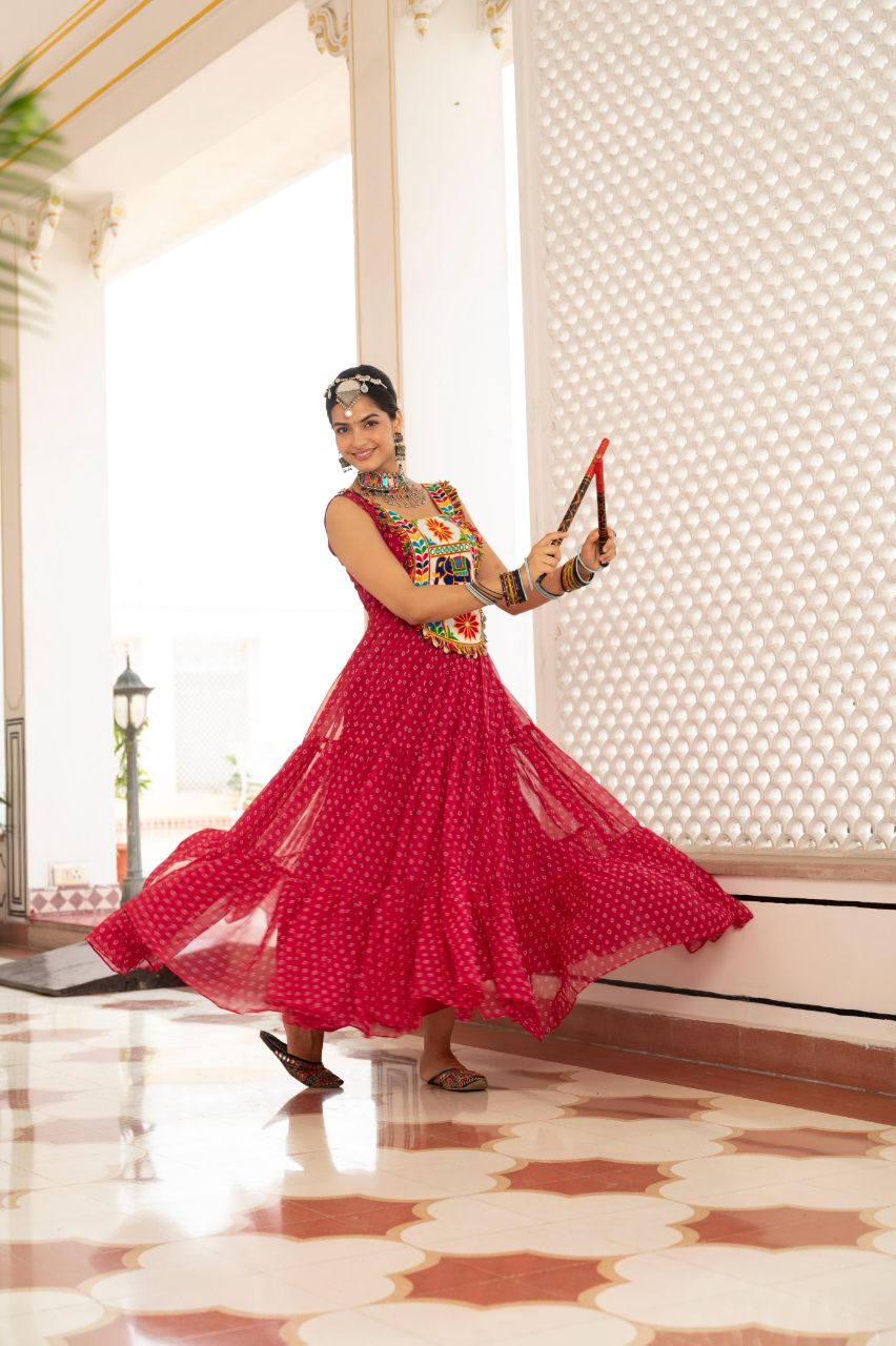 Red Georgette Bandhani Print Gown with Kutchi Patchwork