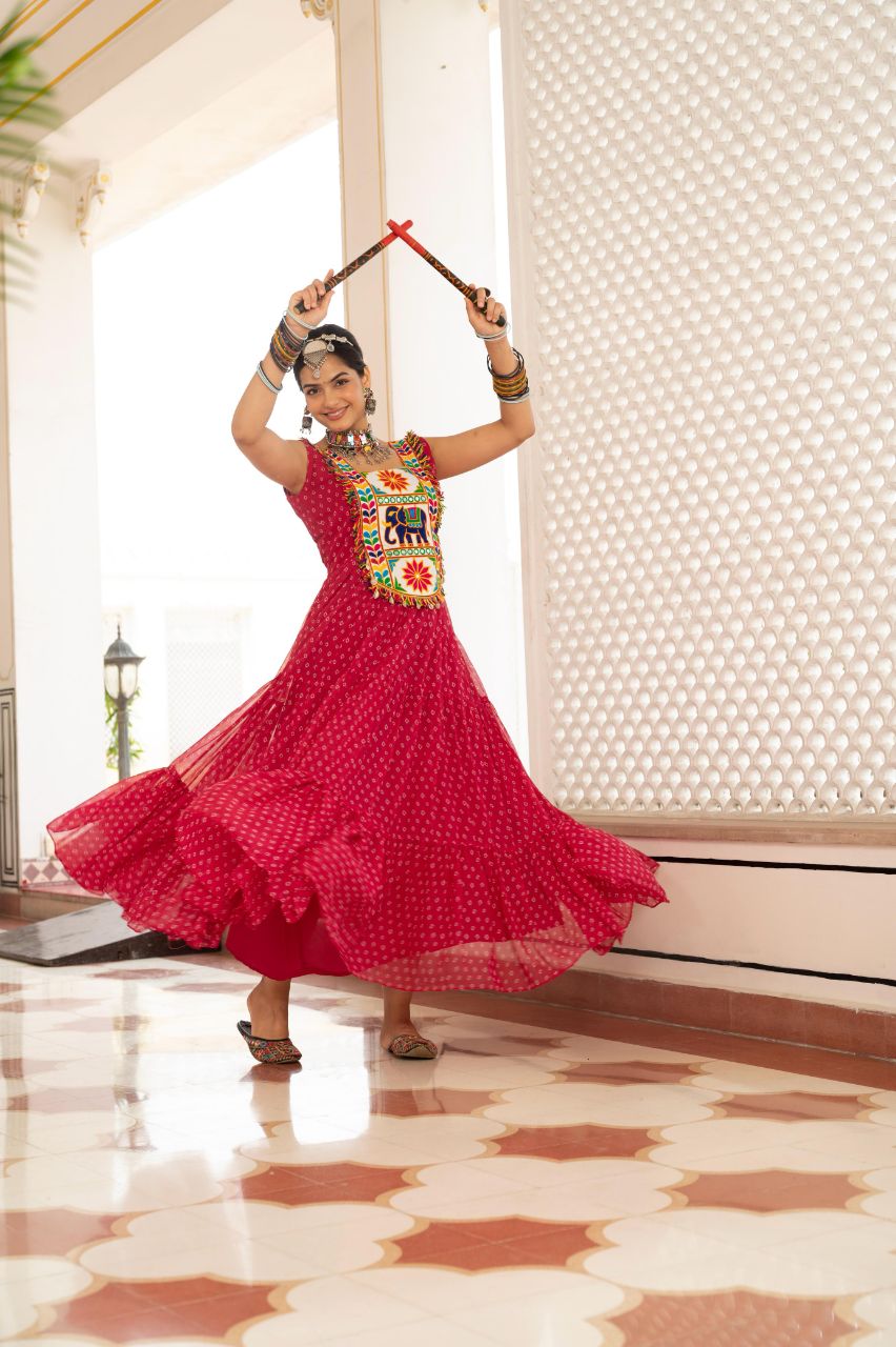 Red Georgette Bandhani Print Gown with Kutchi Patchwork