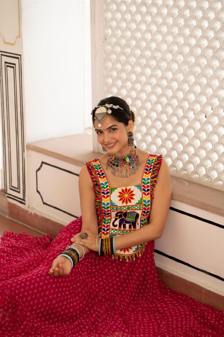 Red Georgette Bandhani Print Gown with Kutchi Patchwork
