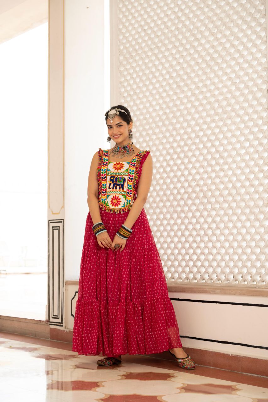 Red Georgette Bandhani Print Gown with Kutchi Patchwork