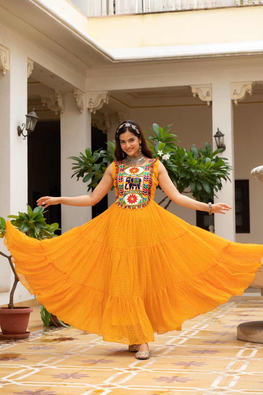Prazu Fashion Yellow Georgette Bandhani Print Work With Kutchi Patch work Navaratri Gown