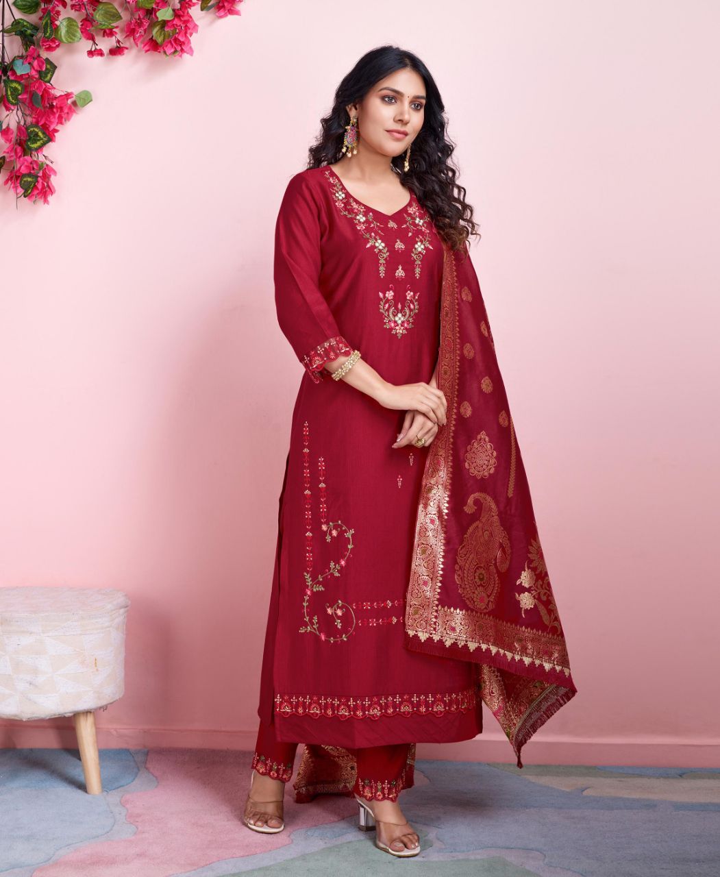 Prazu Fashion Red Viscose Silk Embroidered Salwar Suit