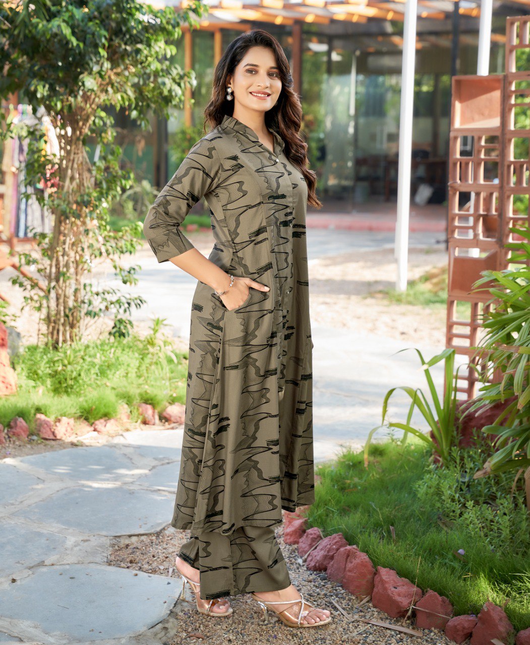 Beige Printed Rayon Cotton Kurti with Matching Pant Set