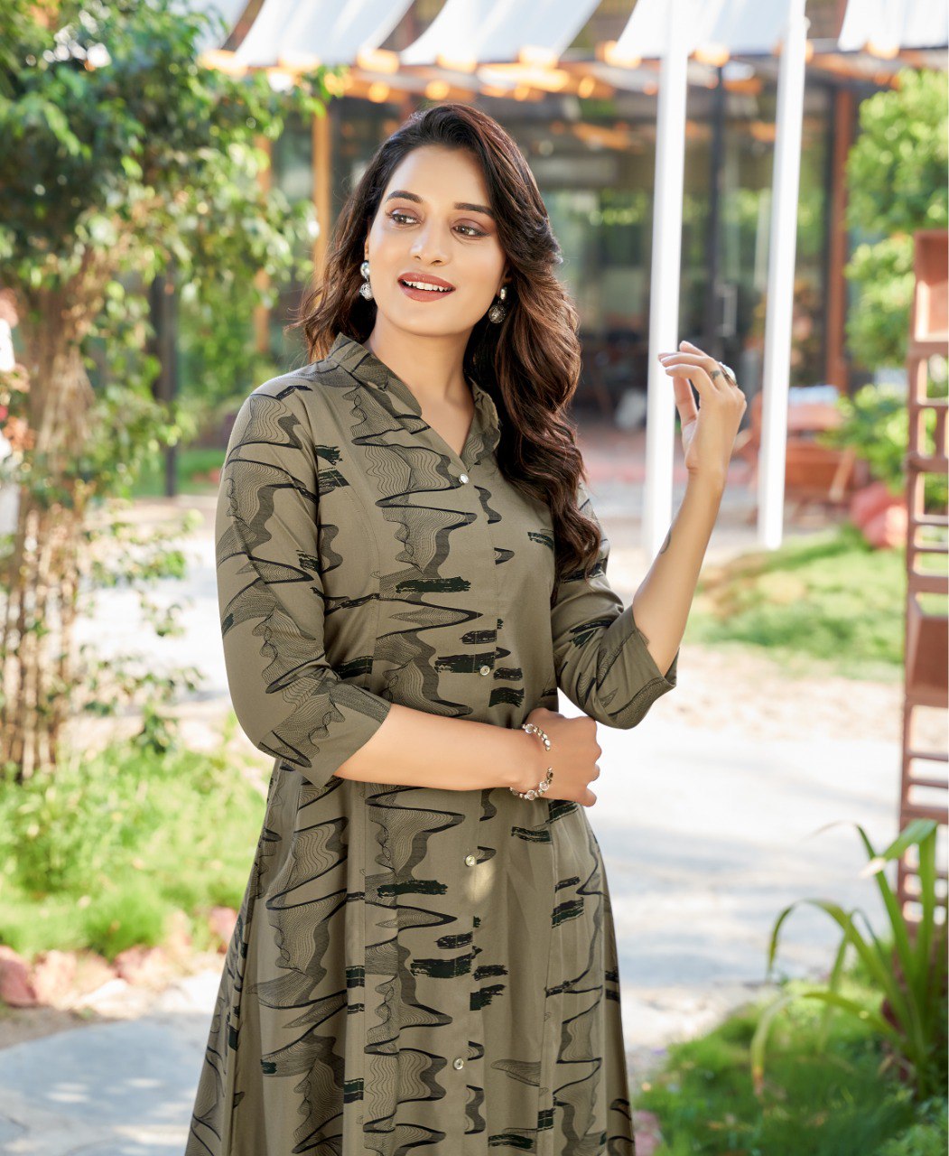 Beige Printed Rayon Cotton Kurti with Matching Pant Set