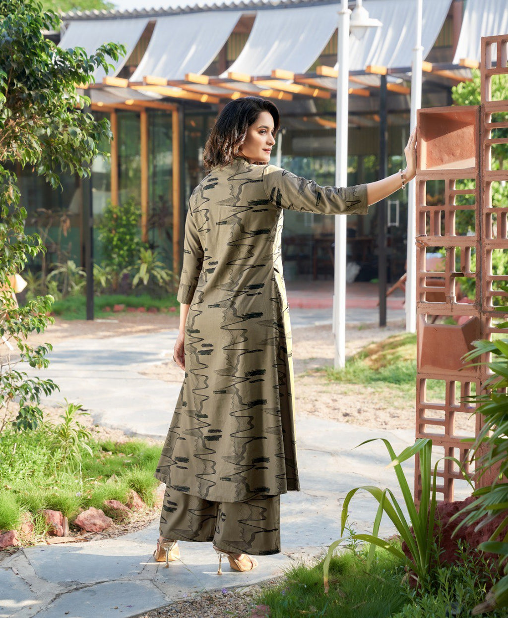 Beige Printed Rayon Cotton Kurti with Matching Pant Set