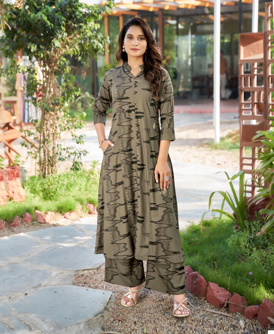 Beige printed rayon cotton kurti set with comfortable trousers