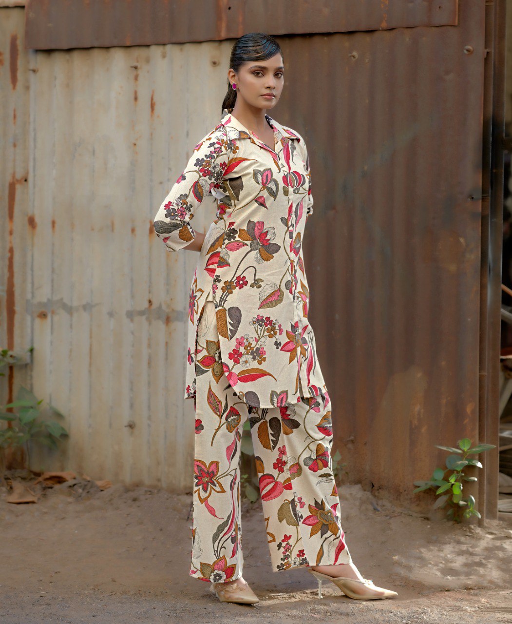 Prazu Fashion Cream Khadi Cotton Floral Printed Co-Ord Set