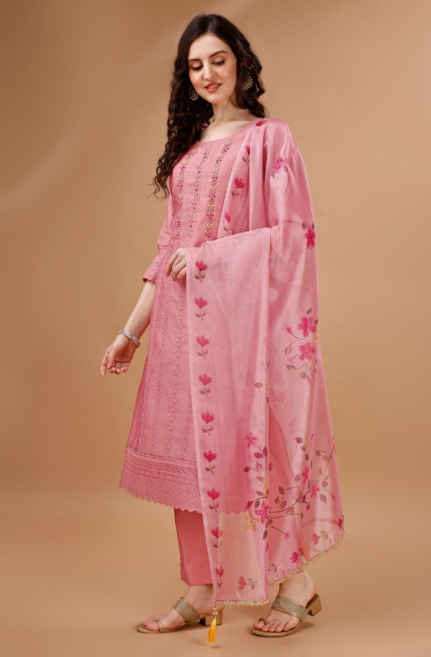 Peach Chanderi Silk Chikankari Embroidered Salwar Suit