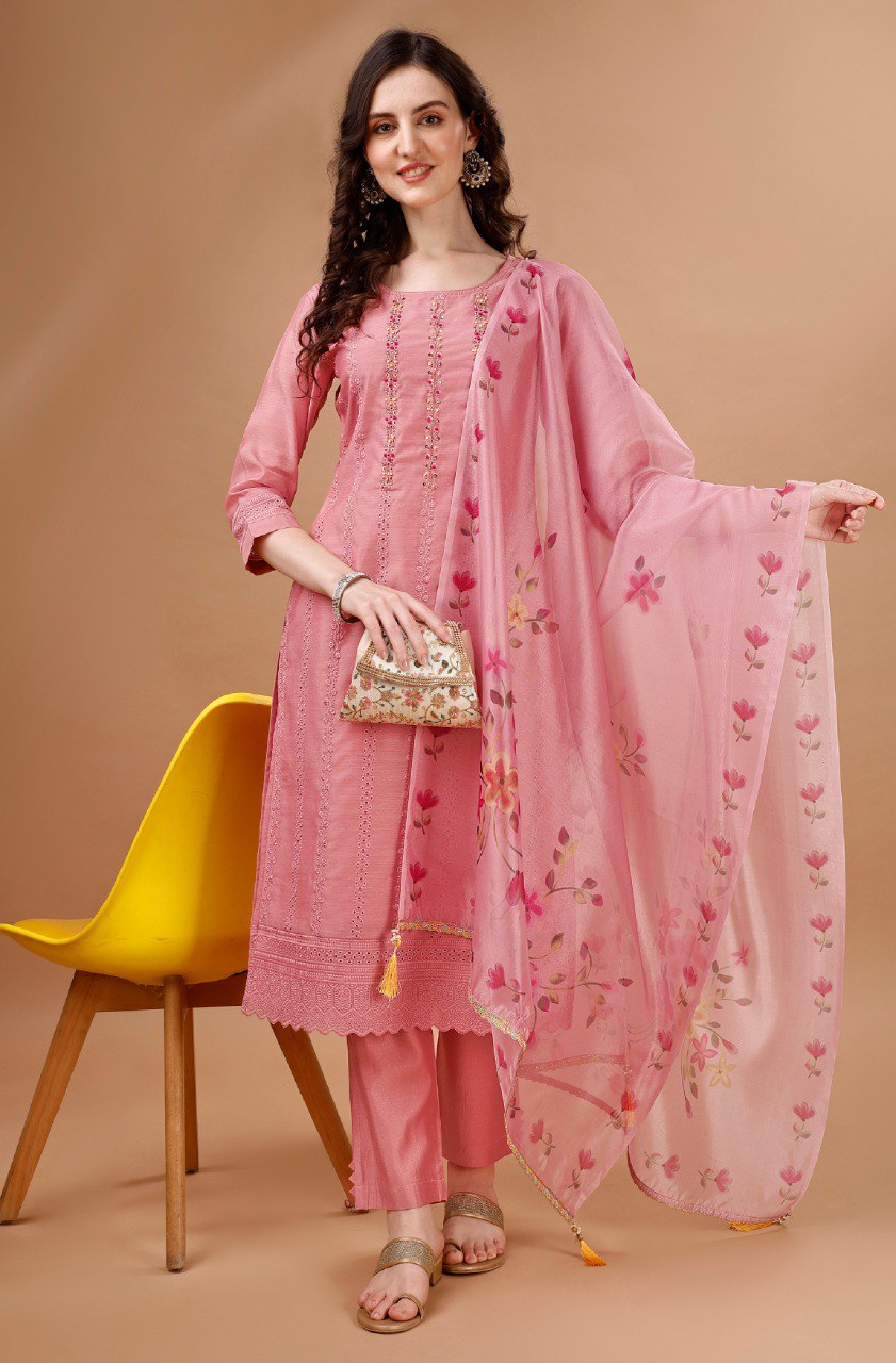 Peach Chanderi Silk Chikankari Embroidered Salwar Suit