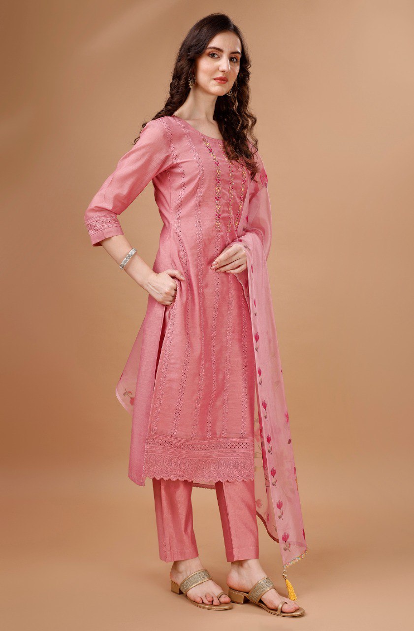 Peach Chanderi Silk Chikankari Embroidered Salwar Suit