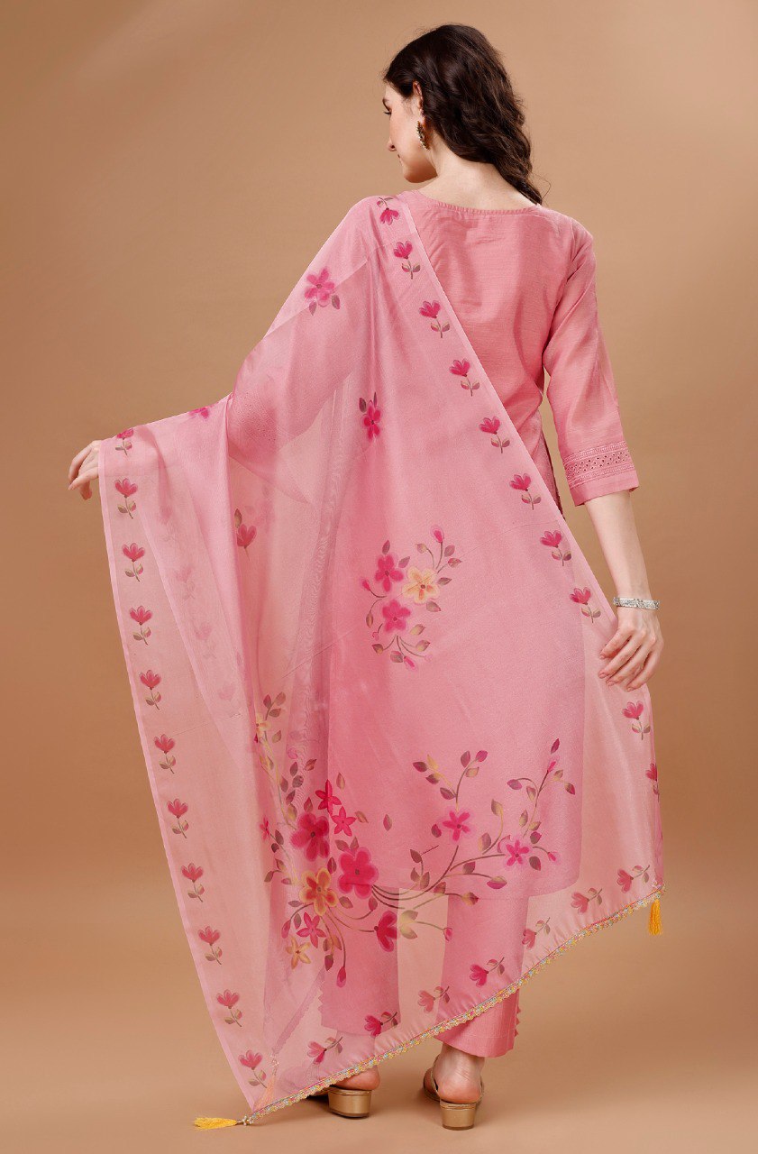 Peach Chanderi Silk Chikankari Embroidered Salwar Suit