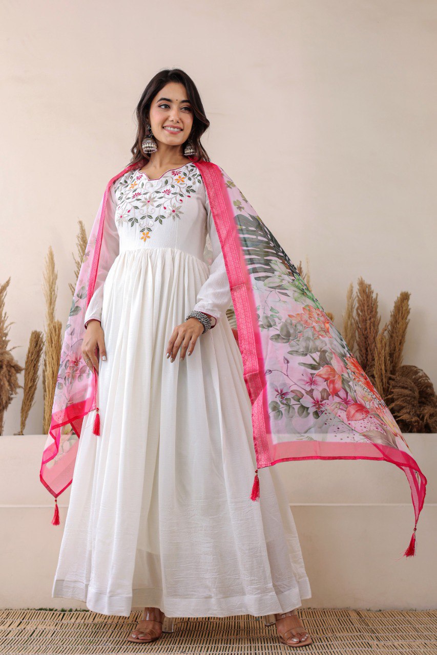 Prazu Fashion White Vichitra Silk Embroidered Gown With Dupatta