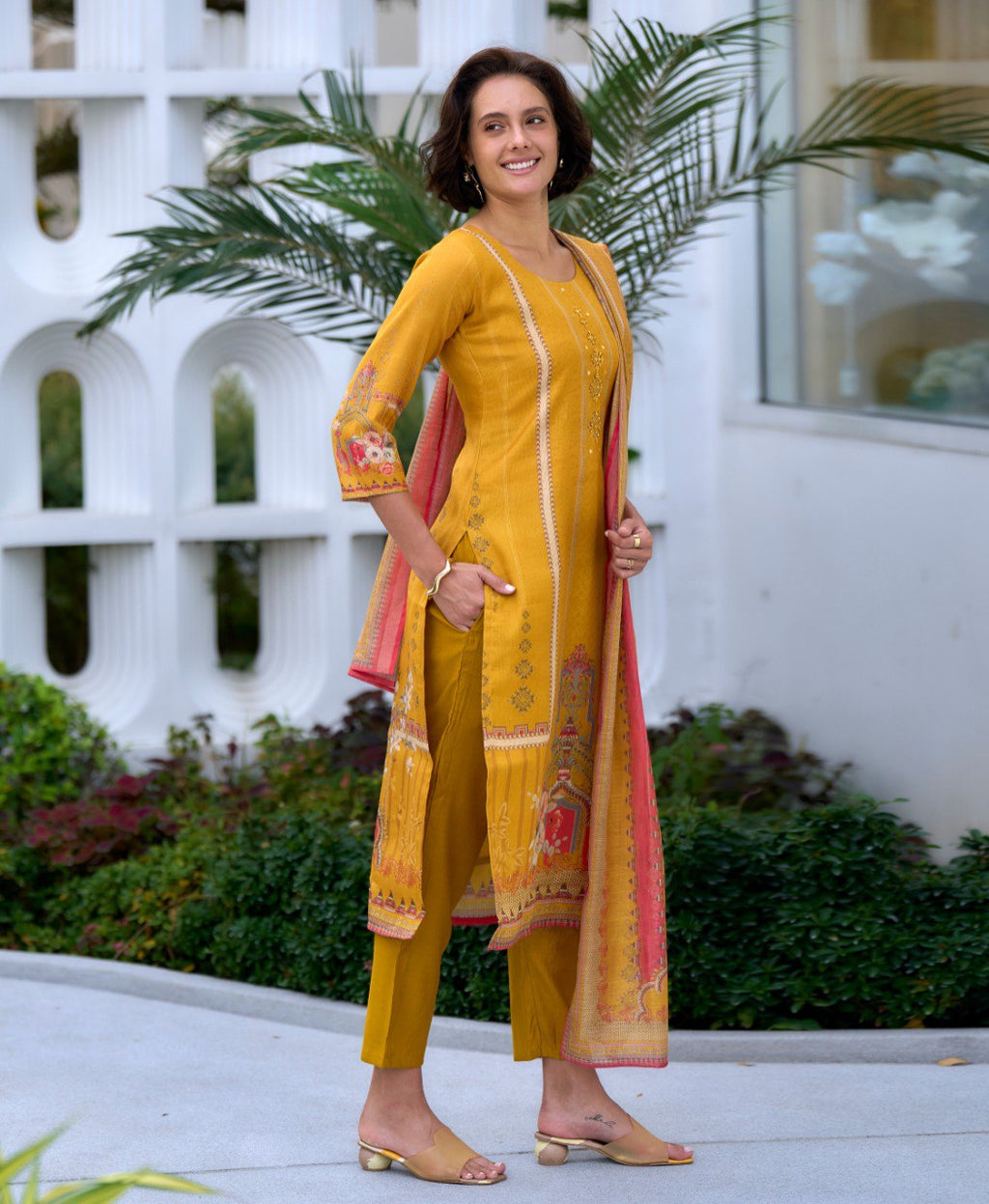 Yellow Silk Blend Embroidered Salwar Suit