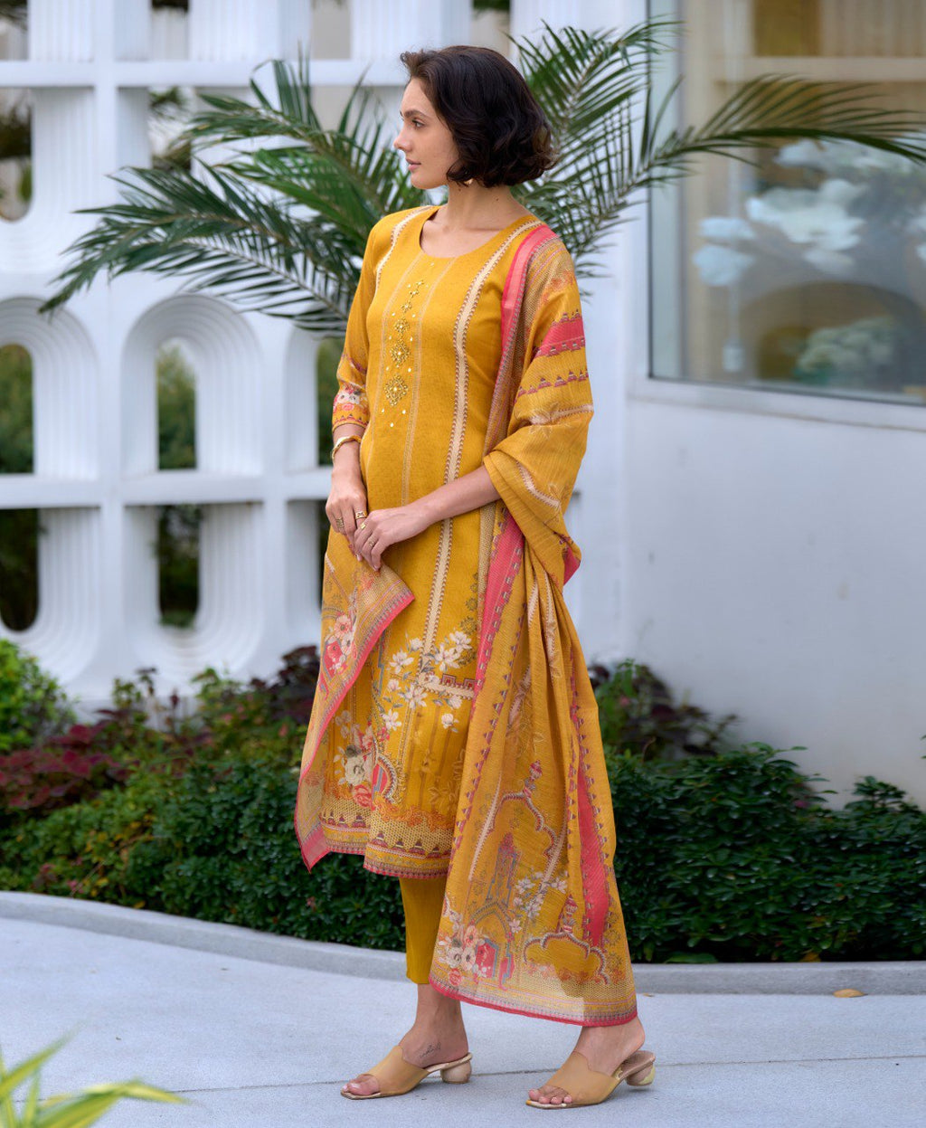 Yellow Silk Blend Embroidered Salwar Suit
