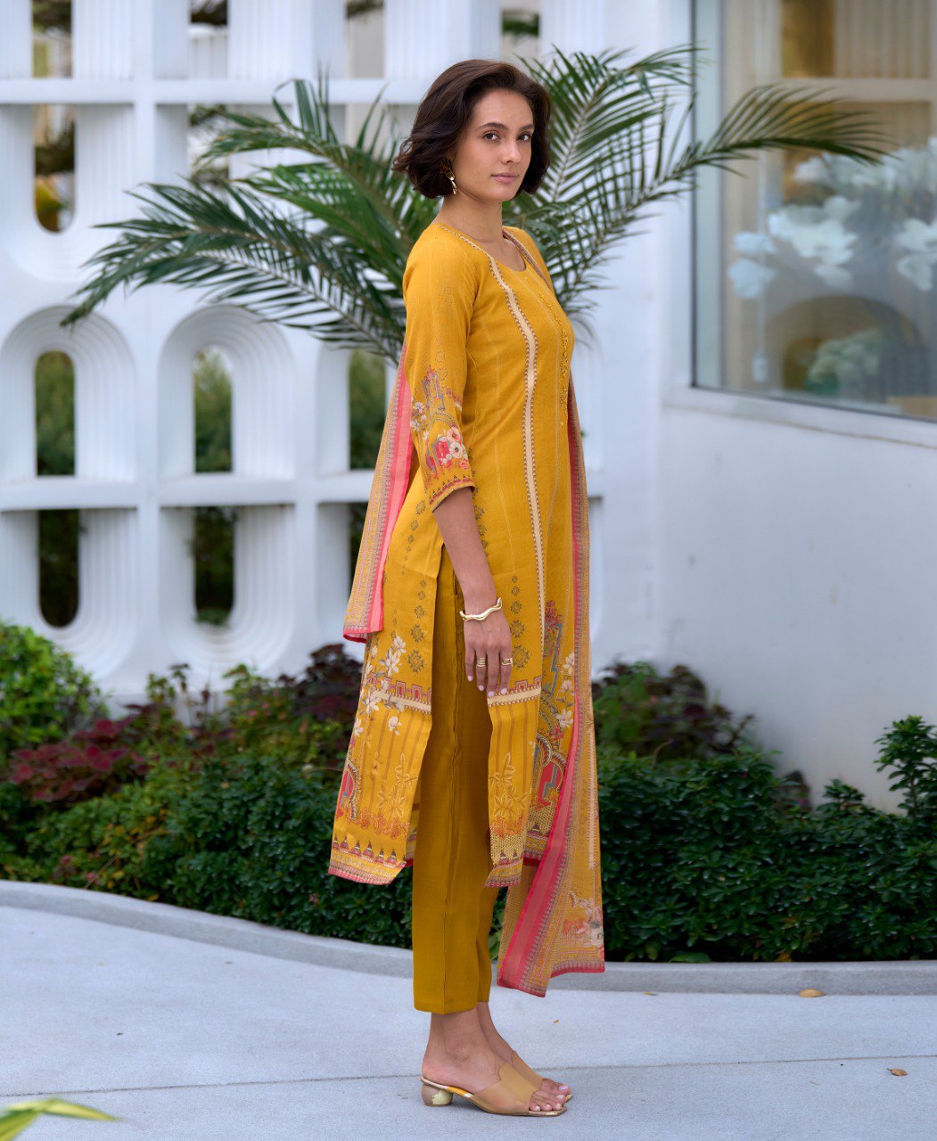 Yellow Silk Blend Embroidered Salwar Suit