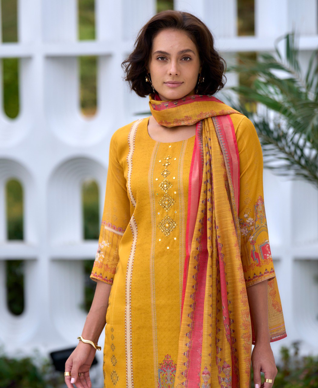 Yellow Silk Blend Embroidered Salwar Suit