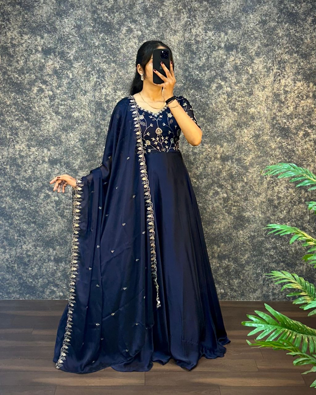Blue Silk Embroidered Gown With Matching Dupatta