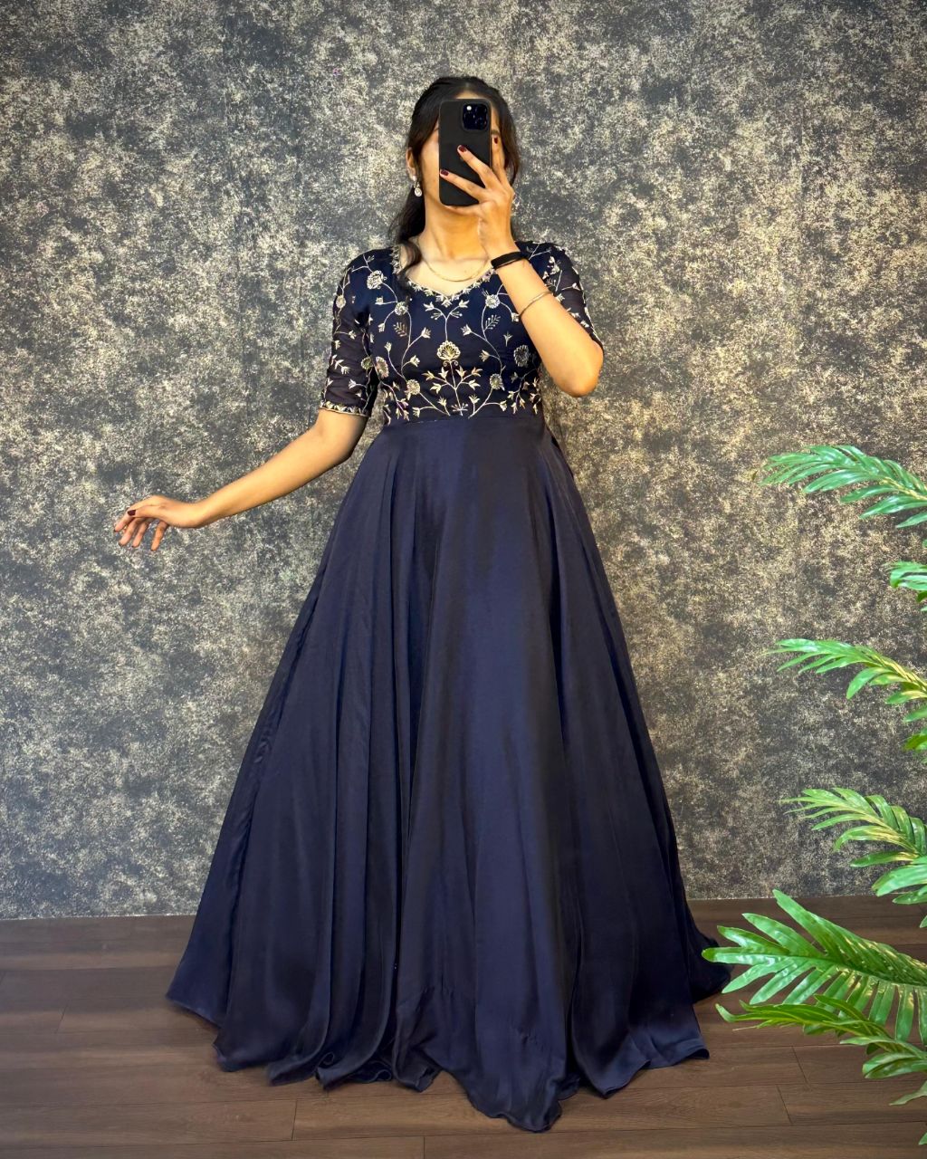 Blue Silk Embroidered Gown With Matching Dupatta