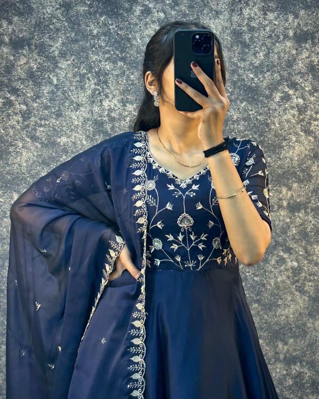 Blue Silk Embroidered Gown With Matching Dupatta