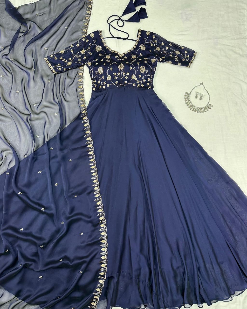 Blue Silk Embroidered Gown With Matching Dupatta