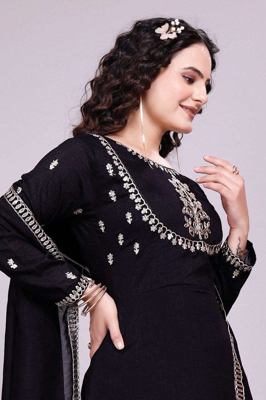 Prazu Fashion Black Vichitra Silk Embroidered Salwar Suit