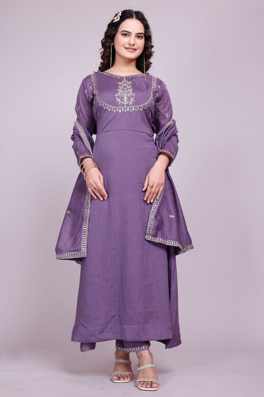 Lavender Vichitra Silk Embroidered Salwar Suit Set
