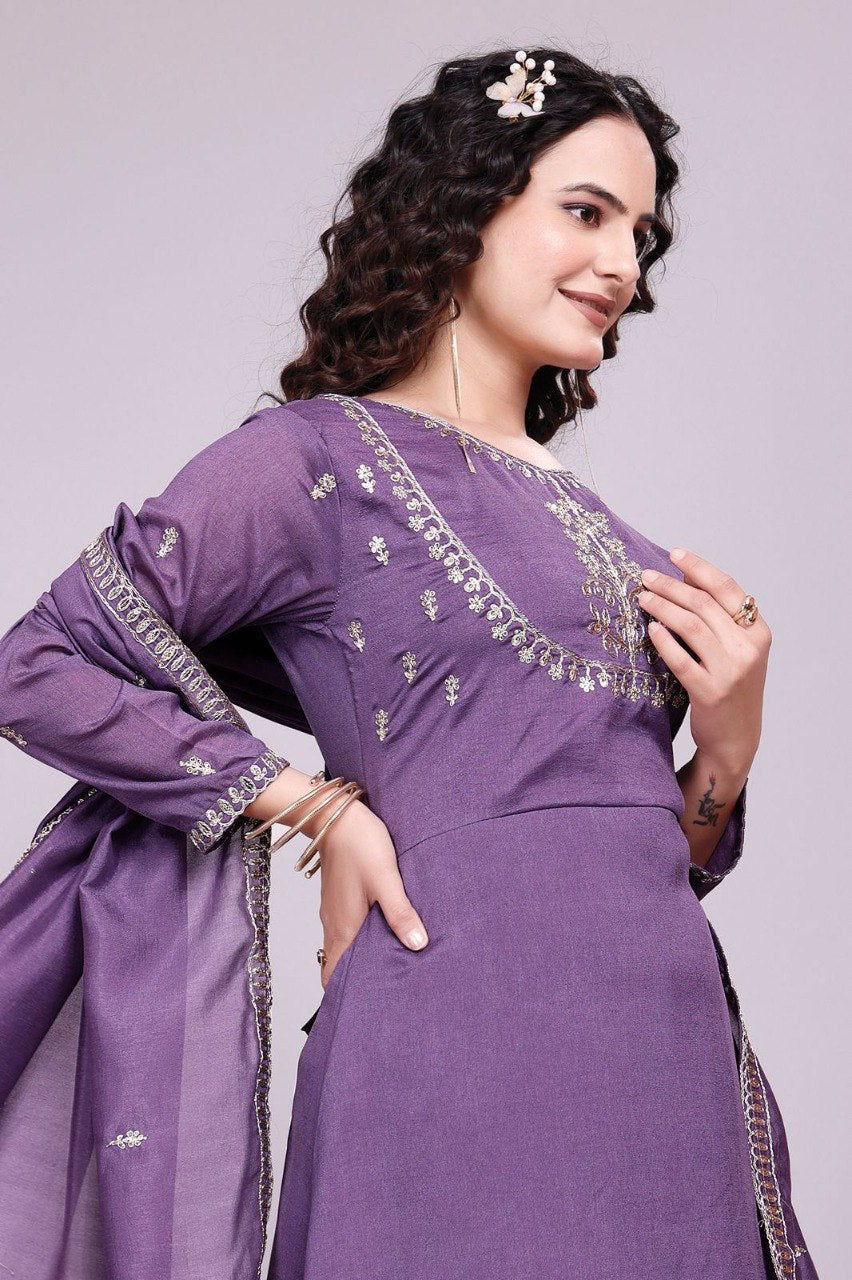 Lavender Vichitra Silk Embroidered Salwar Suit Set