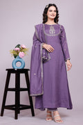 Lavender Vichitra silk salwar suit with delicate embroidery details