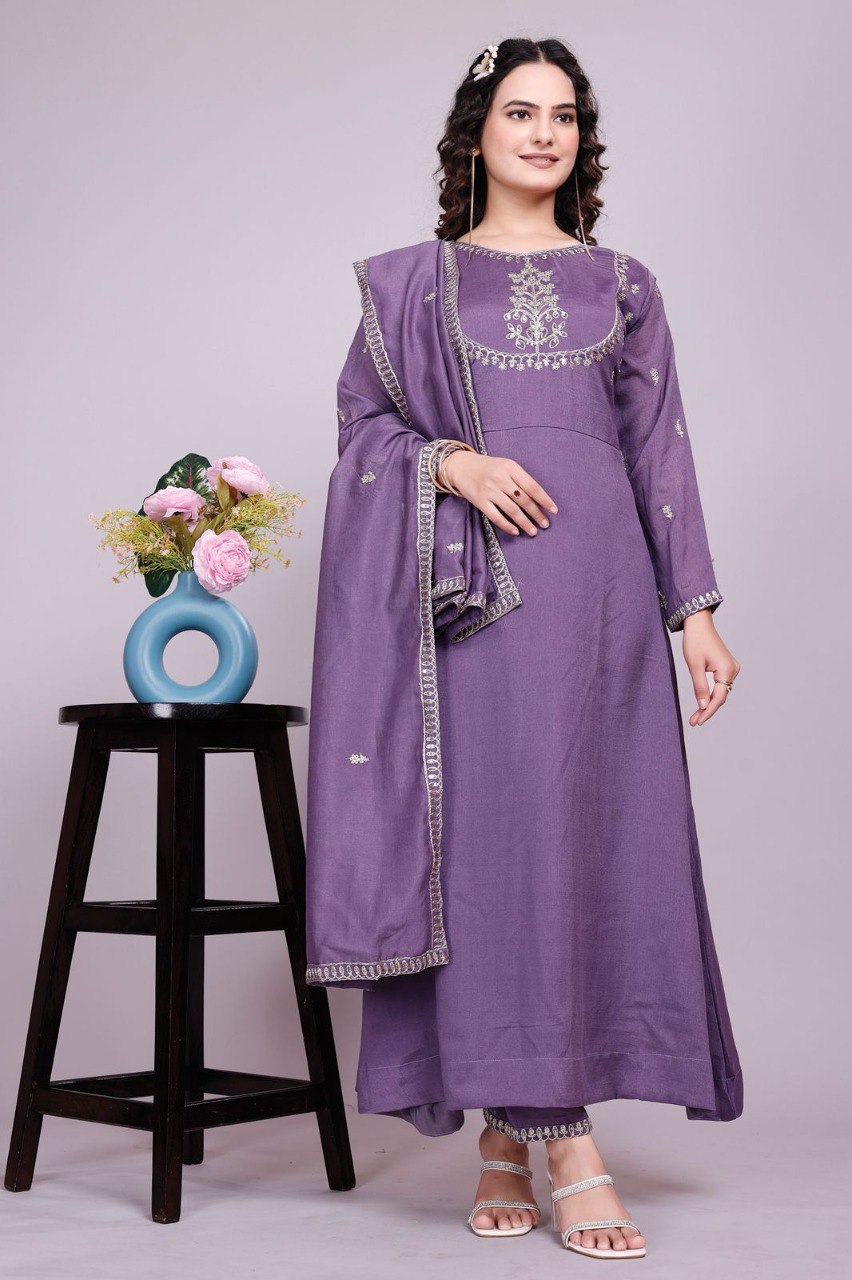 Lavender Vichitra silk salwar suit with delicate embroidery details