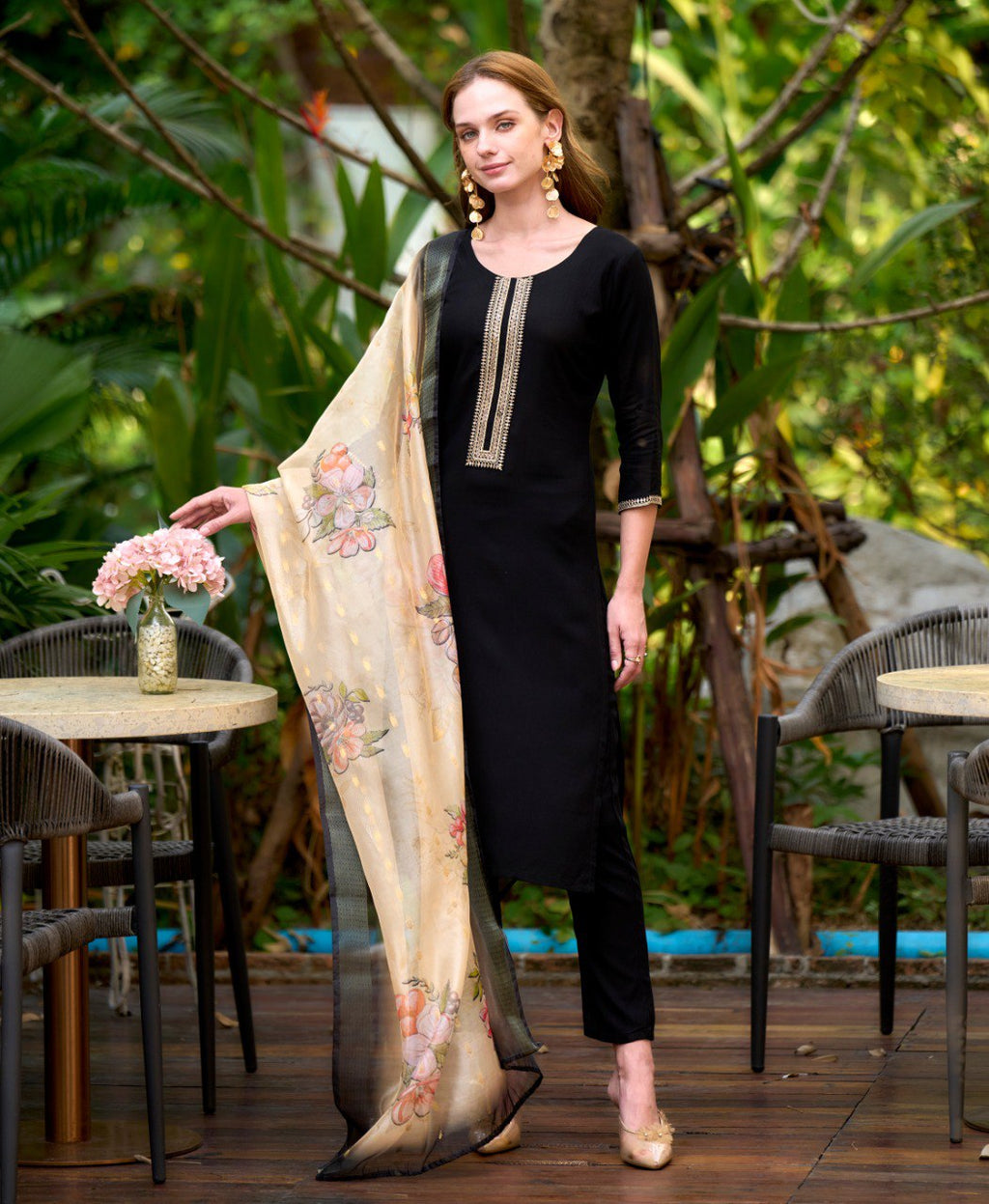 Prazu Fashion Black Viscose Rayon Embroidered Straight Kurta Set