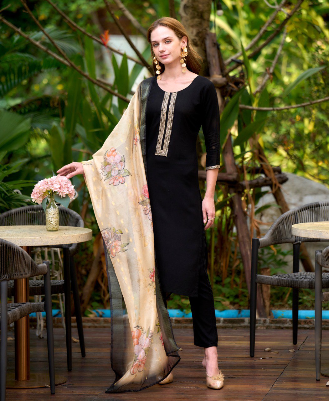 Prazu Fashion Black Viscose Rayon Embroidered Straight Kurta Set