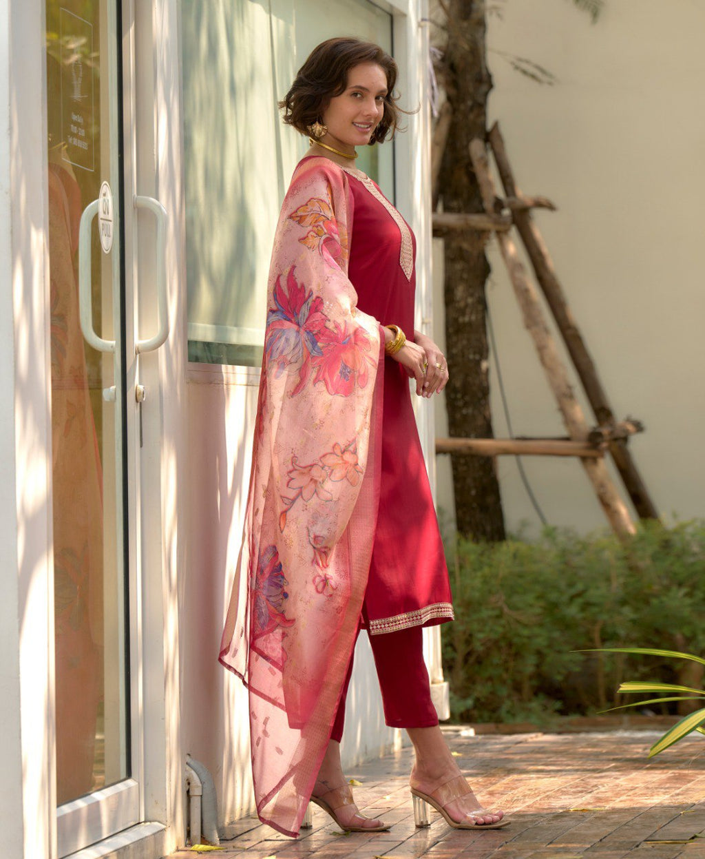 Prazu Fashion Maroon Viscose Rayon Embroidered Straight Kurta Set