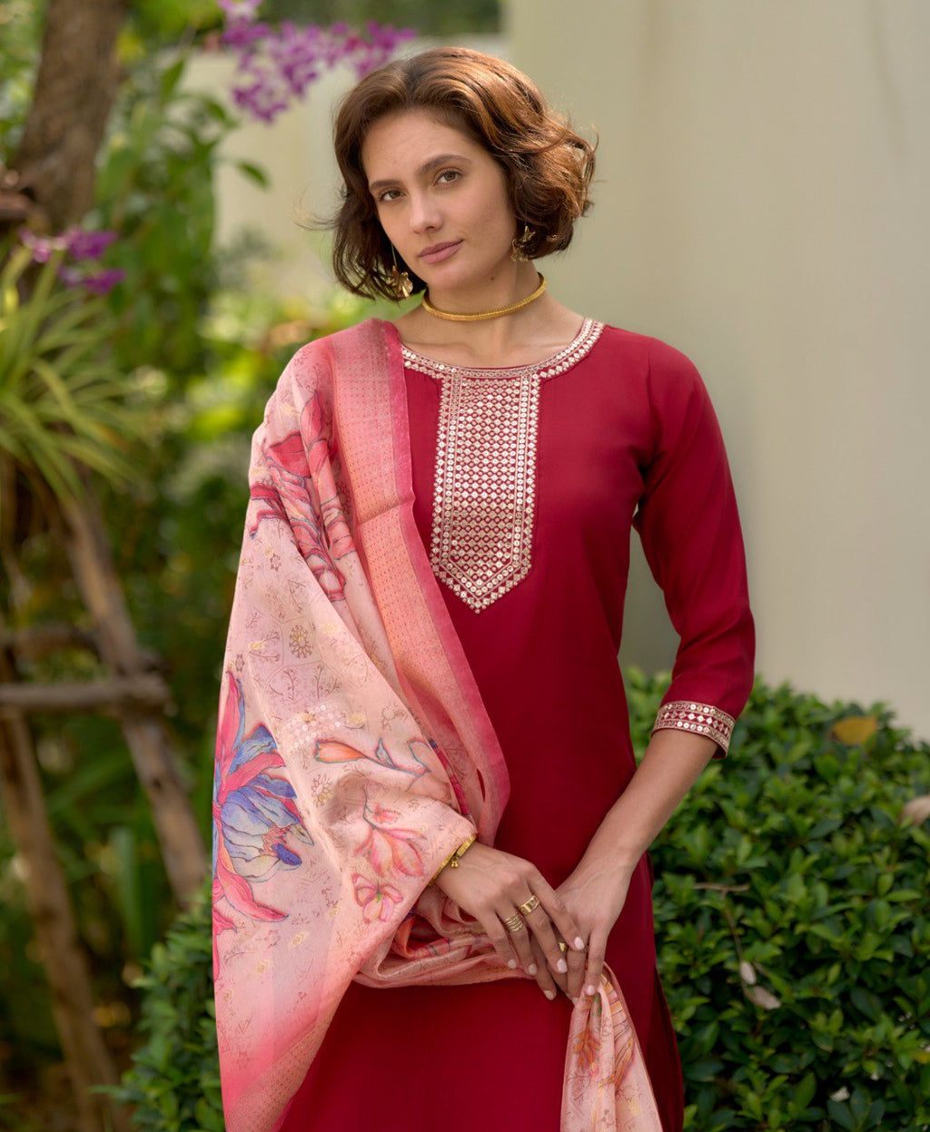 Prazu Fashion Maroon Viscose Rayon Embroidered Straight Kurta Set