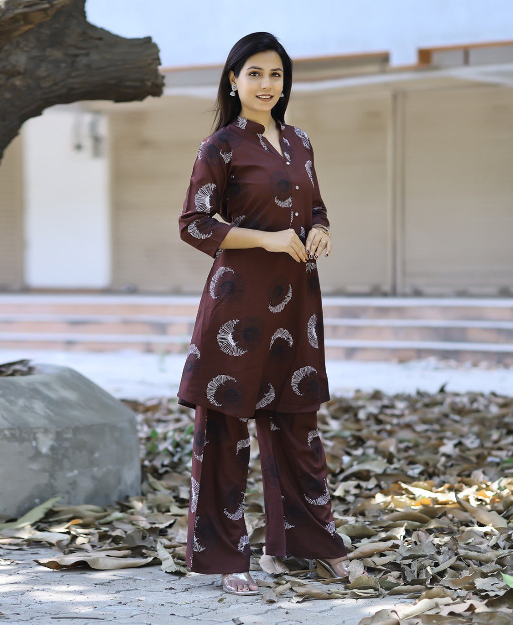 Brown Viscose Rayon Printed Kurti with Pant Set