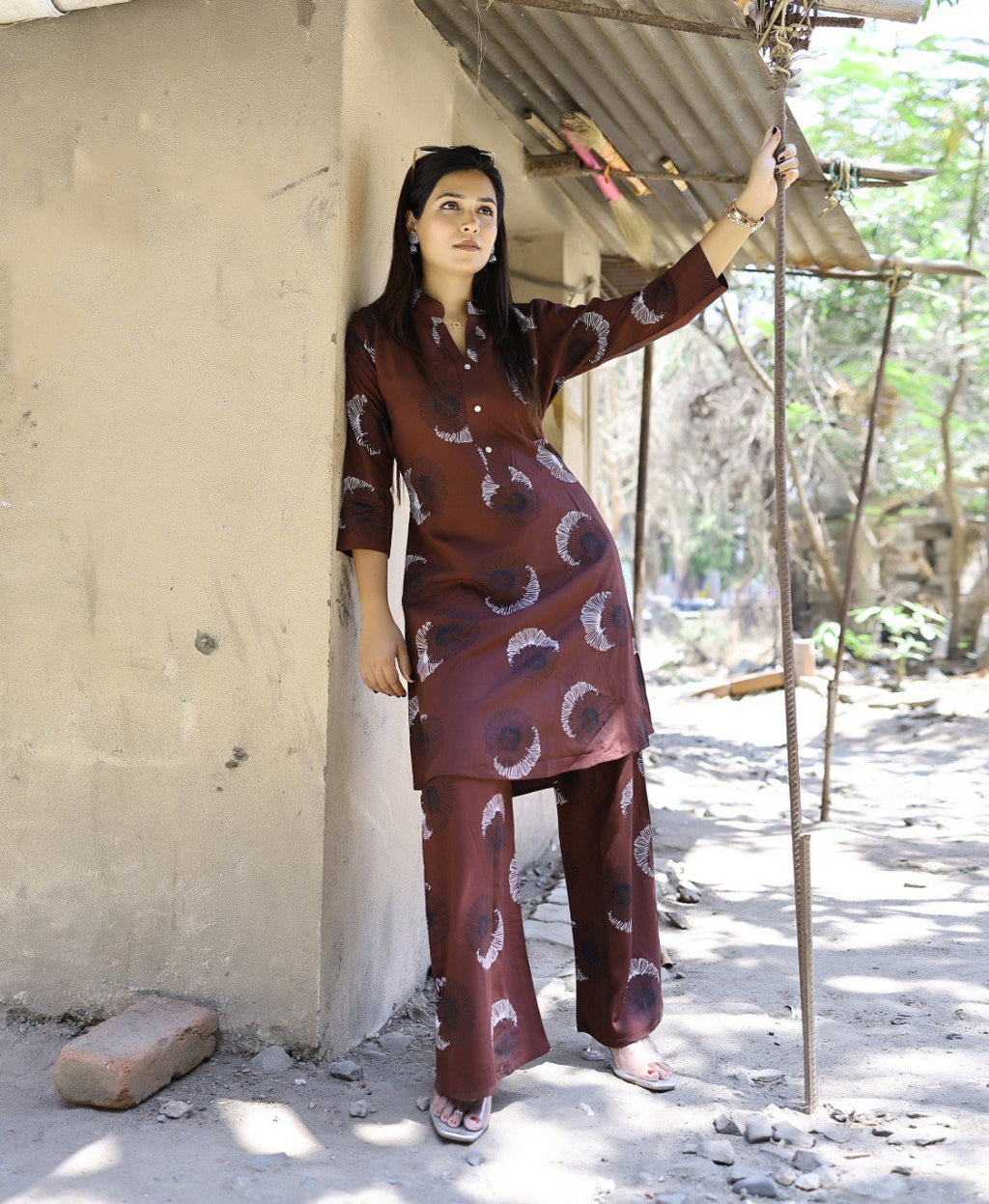 Brown Viscose Rayon Printed Kurti with Pant Set