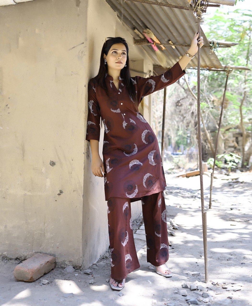 Brown Viscose Rayon Printed Kurti with Pant Set