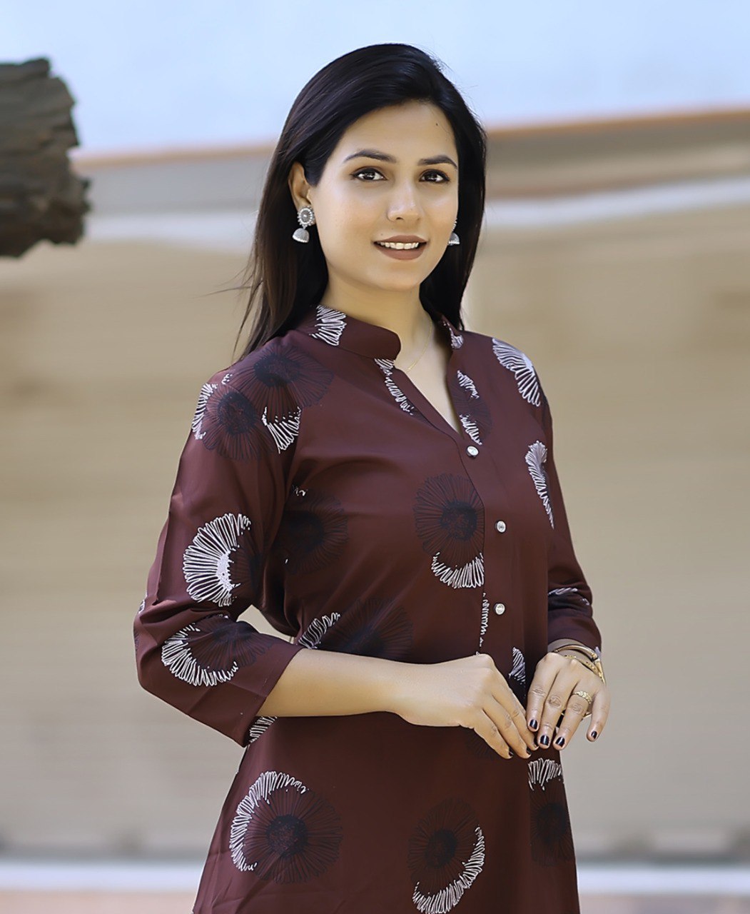 Brown Viscose Rayon Printed Kurti with Pant Set