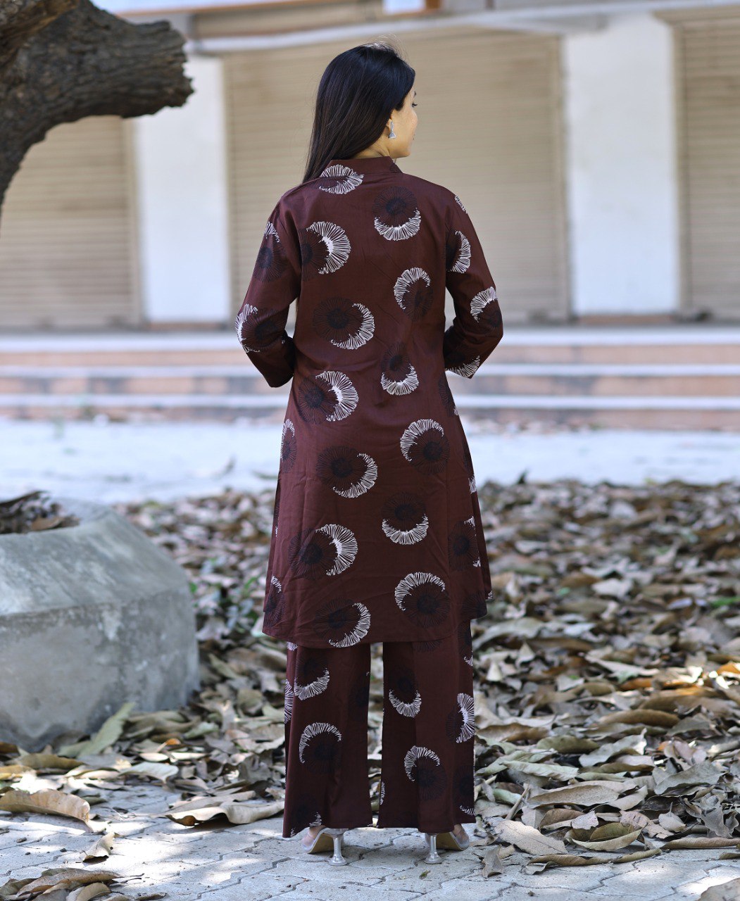 Brown Viscose Rayon Printed Kurti with Pant Set
