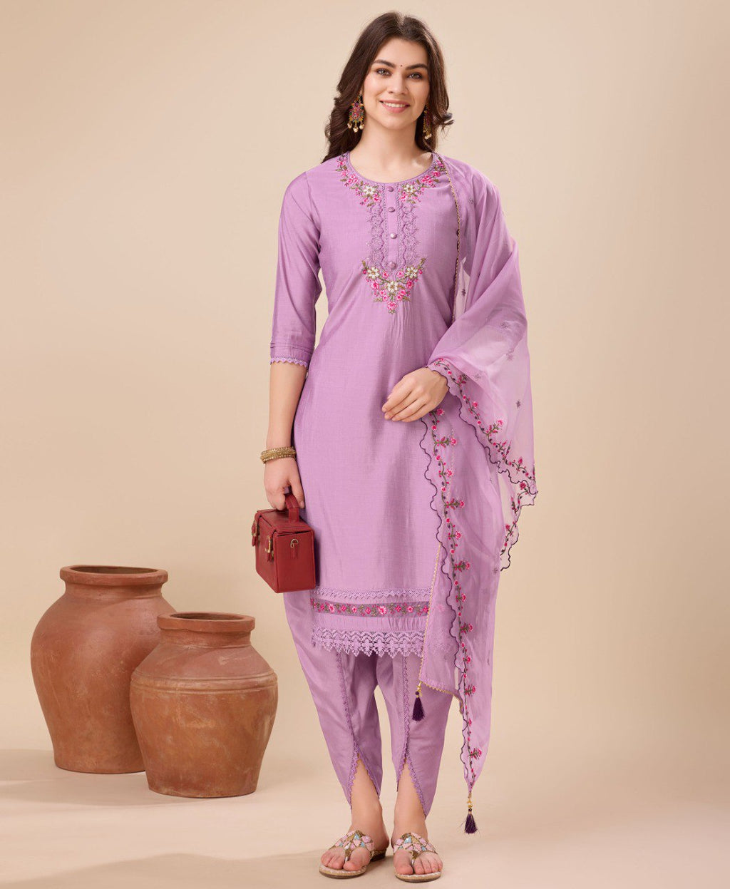Lavender Viscose Silk Embroidered Kurta Set With Dhoti Pant