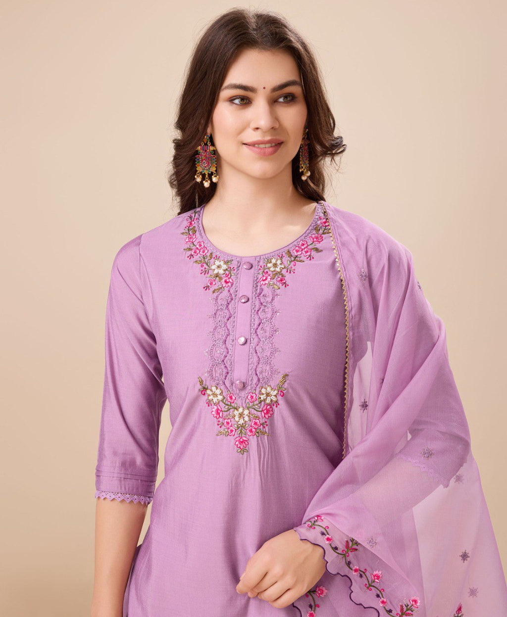 Lavender Viscose Silk Embroidered Kurta Set With Dhoti Pant