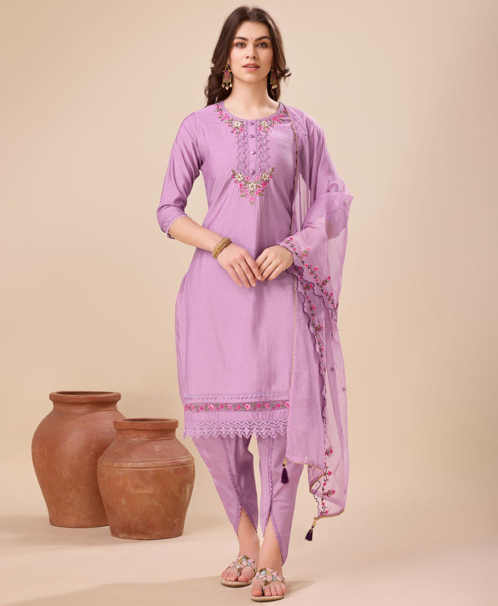Lavender viscose silk embroidered kurta paired with stylish dhoti pants.