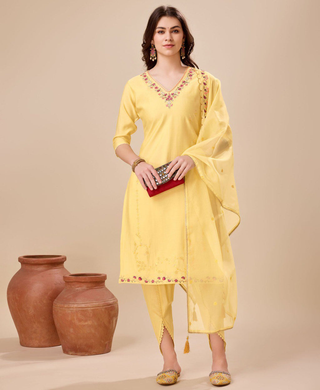 Yellow Viscose Silk Embroidered Kurta Set with Dhoti Pants