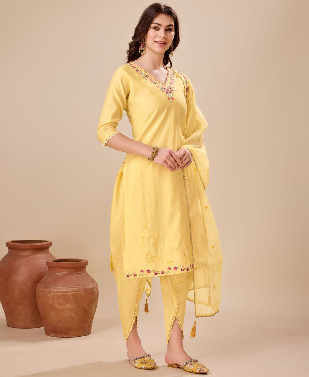 Yellow Viscose Silk Embroidered Kurta Set with Dhoti Pants