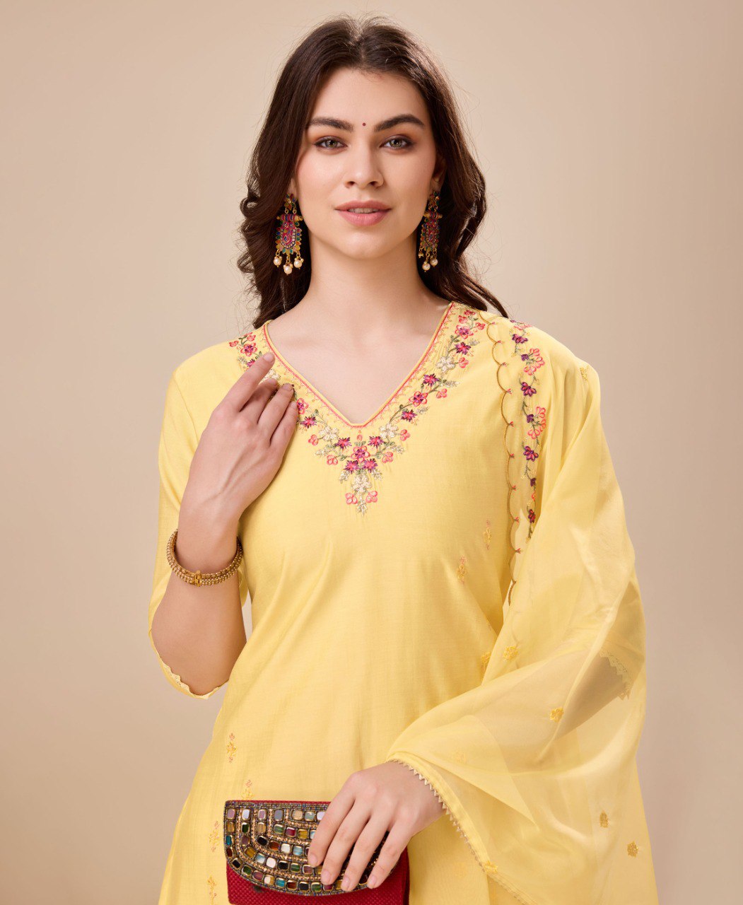 Yellow Viscose Silk Embroidered Kurta Set with Dhoti Pants