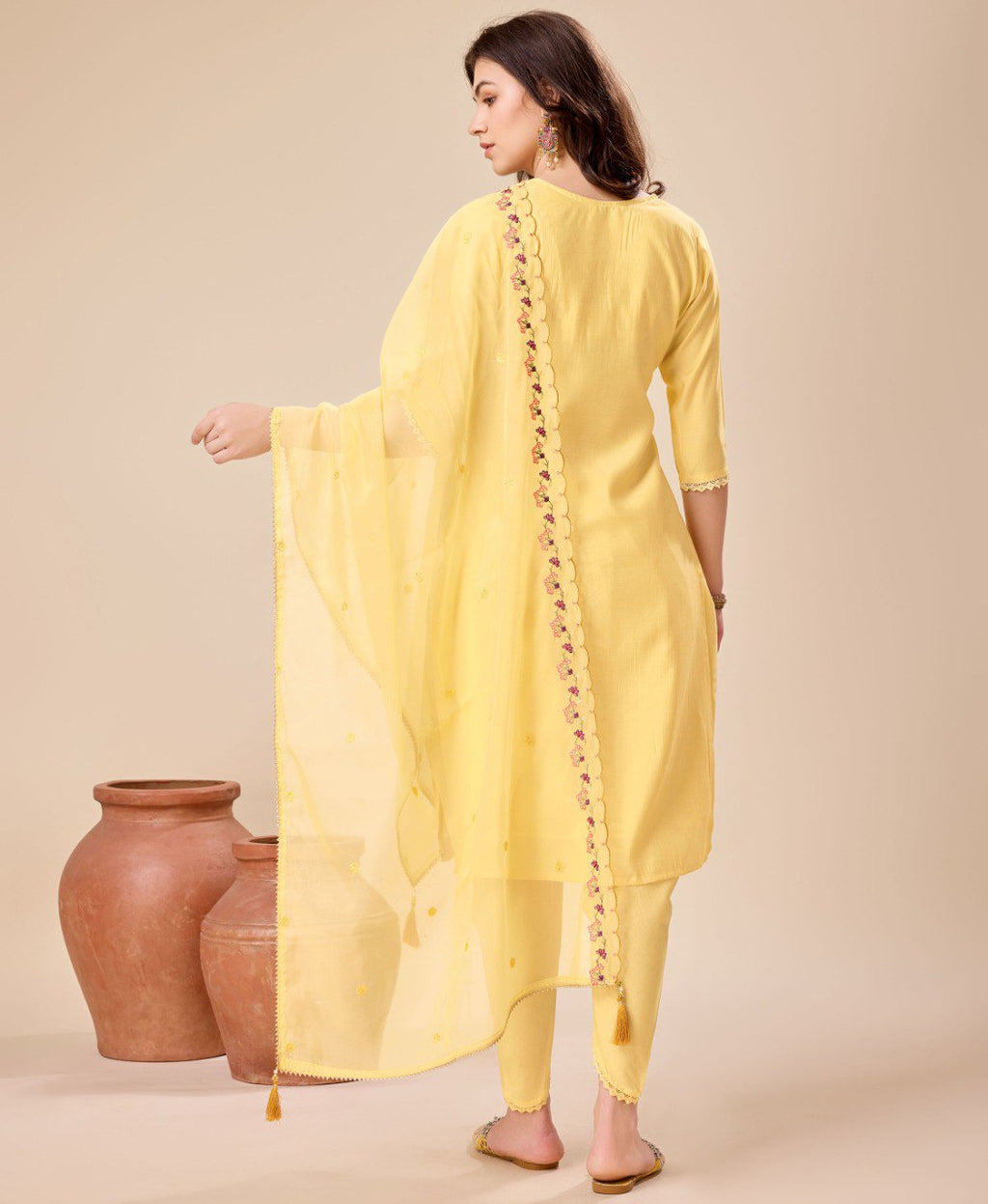 Yellow Viscose Silk Embroidered Kurta Set with Dhoti Pants