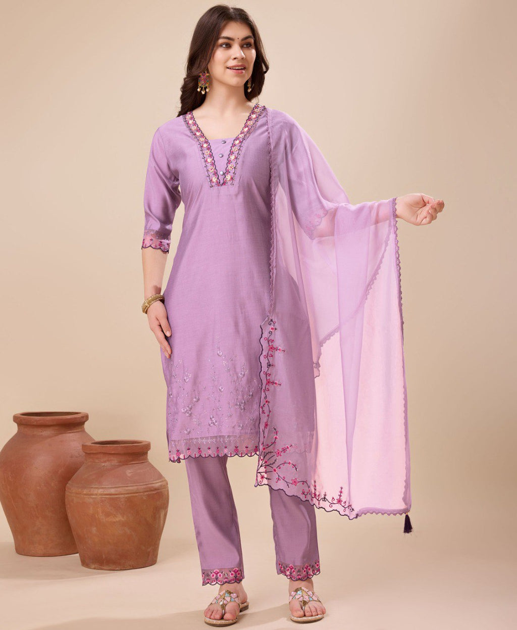 Lavender Viscose Silk Embroidered Kurta Set