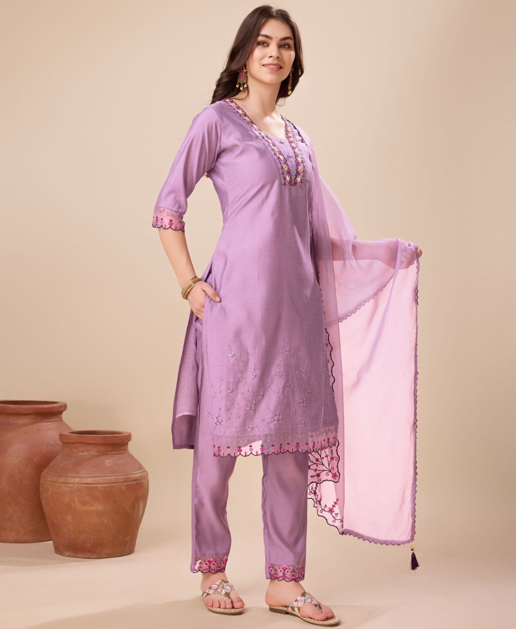 Lavender Viscose Silk Embroidered Kurta Set