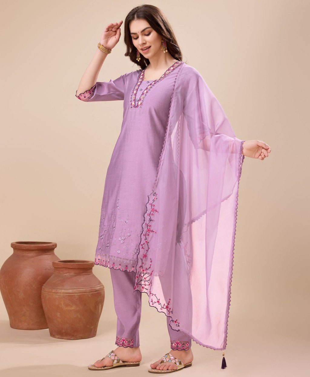 Lavender Viscose Silk Embroidered Kurta Set